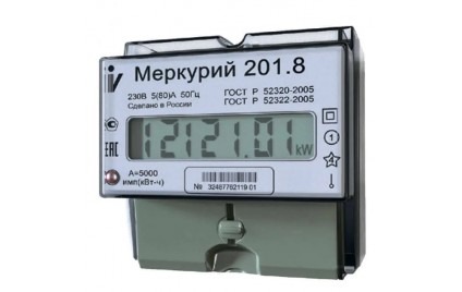 Счетчик Меркурий 201.8 1ф 5-80А 1 класс точн. 1 тариф. ЖКИ табло DIN-рейка