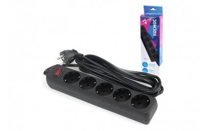 Удлинитель с сет.фильтром 5х5м с/з. 10А IP20 2.2кВт 3х0.75  черн. Космос 472211