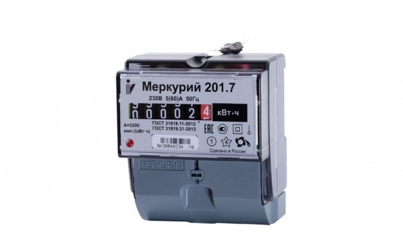 Счетчик Меркурий 201.7 1ф 5-60А 1 кл. 1 тариф. имп. вых. мех. табло DIN-рейка Инкотекс