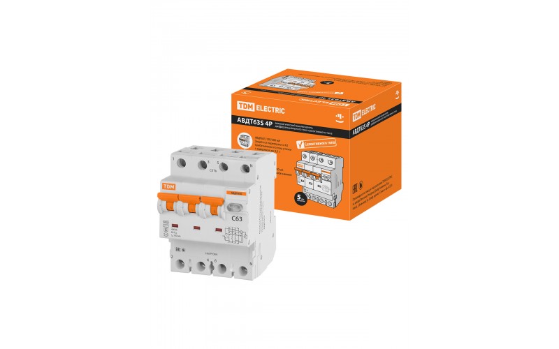 Выкл.авт.диф. AВДТ-63S 4P(3P+N) C63 100mA 6кА тип А TDM SQ0202-0050