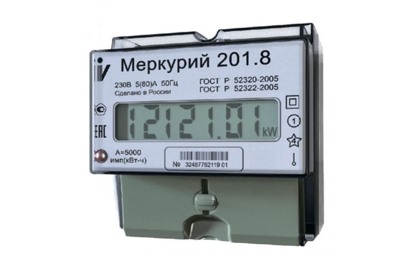 Счетчик Меркурий 201.8 1ф 5-80А 1 кл. точ. 1 тариф. имп. вых. ЖКИ табло DIN-рейка